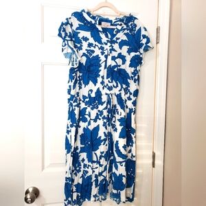 Blue & White Floral Short Sleeve Midi Dress with Pockets - XL